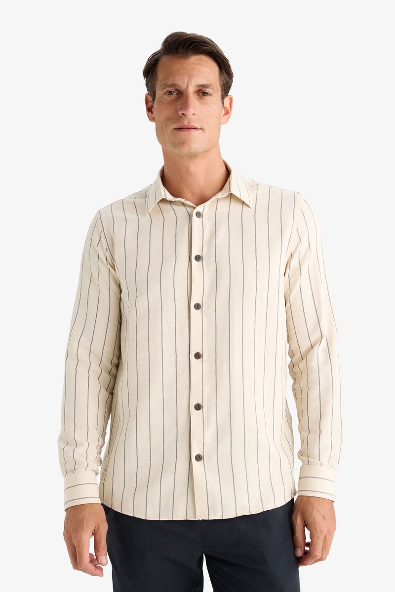DeFacto Beige Man Regular Fit Polo Collar Cotton Long Sleeve Shirt Casual - Image 3